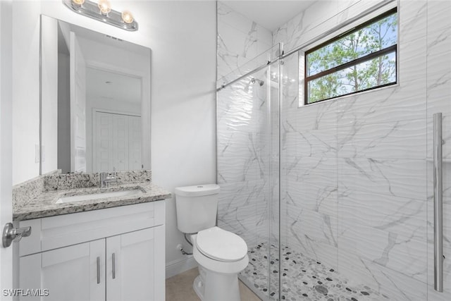 bathroom featuring vanity, toilet, and a shower with shower door