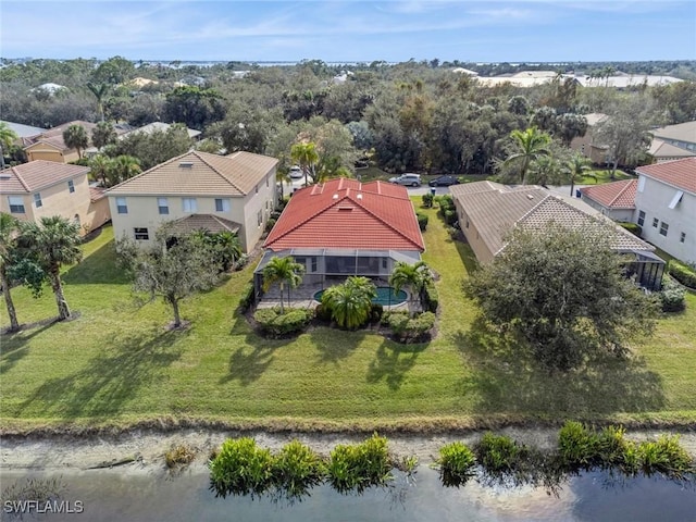 drone / aerial view featuring a water view