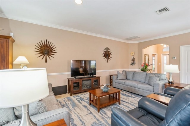 living room featuring ornamental molding