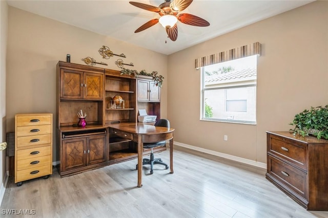 office with ceiling fan and light hardwood / wood-style flooring