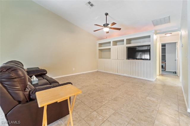 living room featuring ceiling fan, built in features, and vaulted ceiling