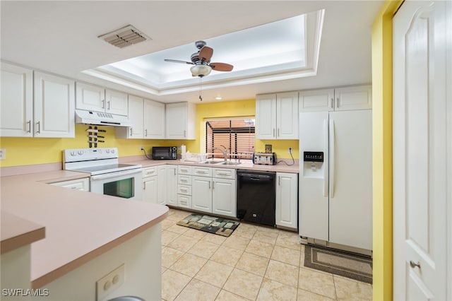 kitchen featuring black appliances, a raised ceiling, sink, ceiling fan, and white cabinetry