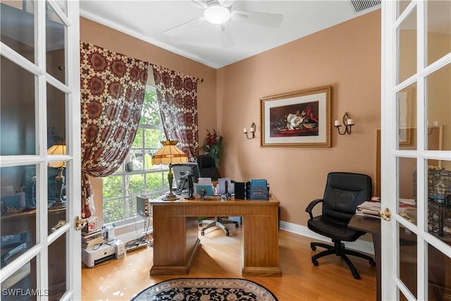 office area with ceiling fan, wood-type flooring, and french doors