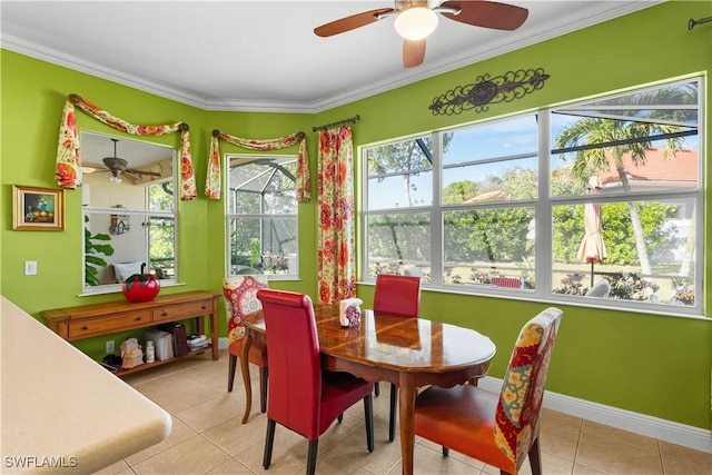 recreation room featuring ornamental molding, baseboards, and light tile patterned floors