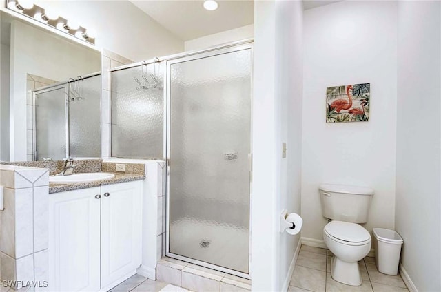 full bathroom with toilet, a shower stall, vanity, and tile patterned floors