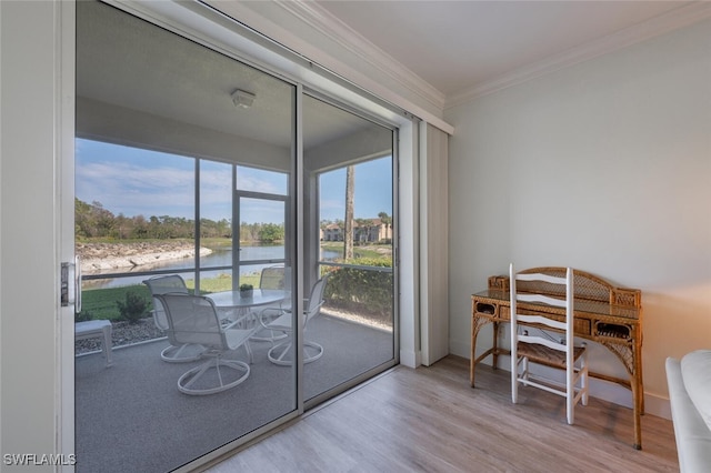 interior space with light hardwood / wood-style flooring, a water view, and ornamental molding