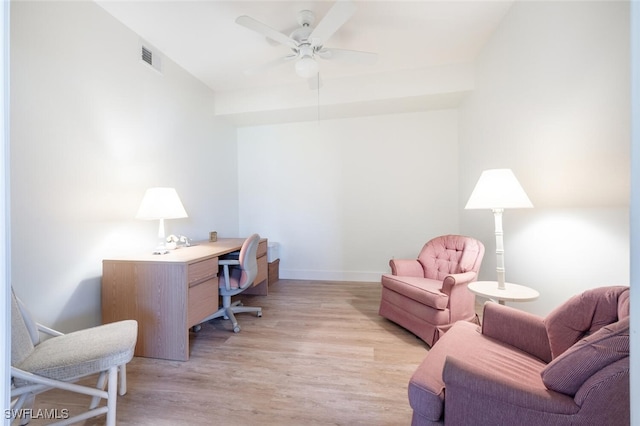 office space featuring ceiling fan and light hardwood / wood-style flooring