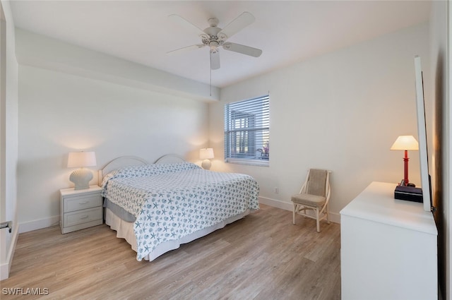 bedroom with ceiling fan and light wood-type flooring