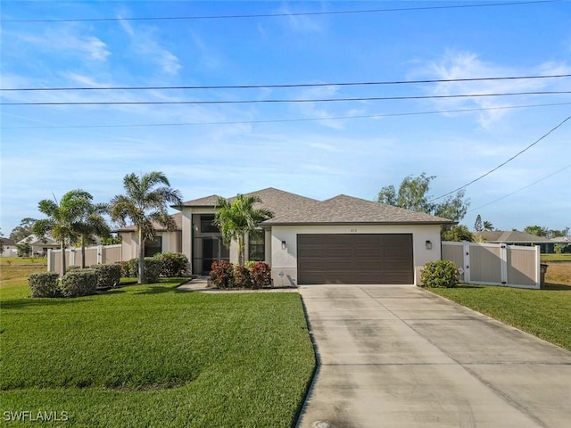 view of front of property with a front yard and a garage