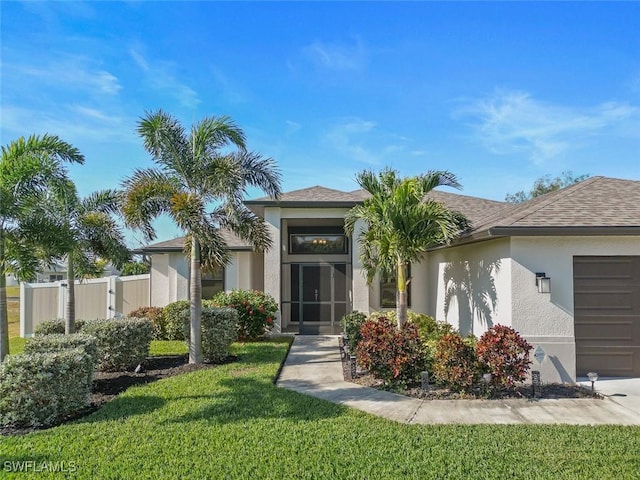 view of front of property with a front lawn and a garage