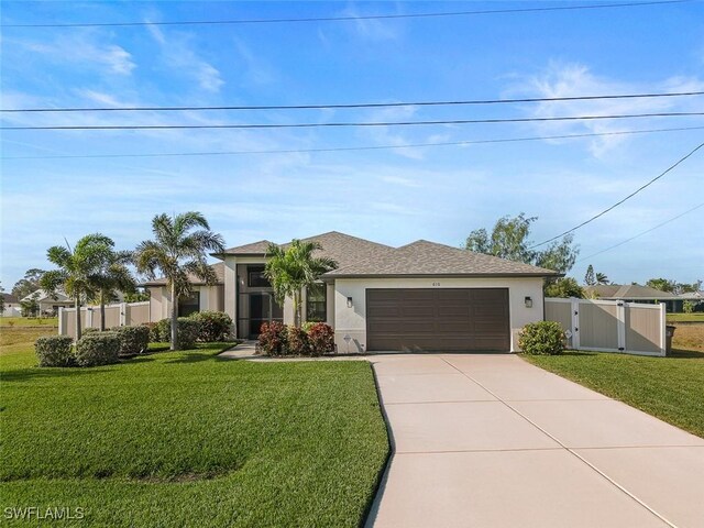 view of front of home with a front yard, an attached garage, driveway, and stucco siding