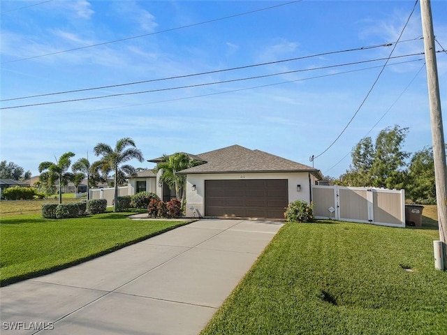 view of front of house featuring stucco siding, a gate, concrete driveway, a front yard, and a garage