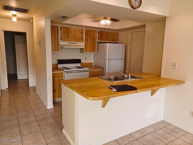 kitchen with light tile patterned flooring, white appliances, kitchen peninsula, and sink