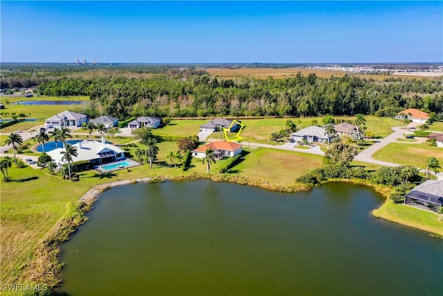 drone / aerial view featuring a water view