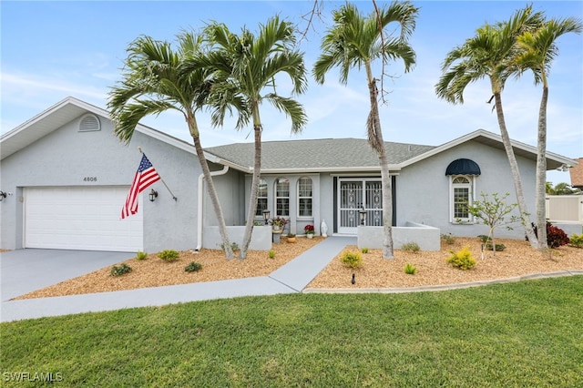 single story home with a front yard and a garage