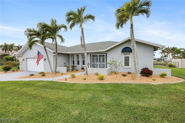 ranch-style house with a front yard and a garage