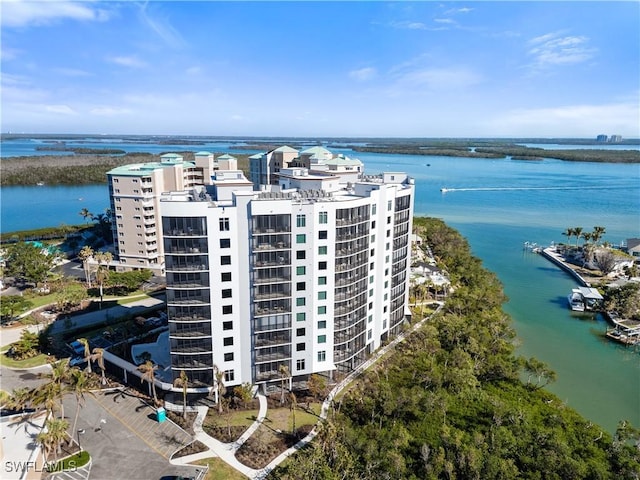 bird's eye view with a water view