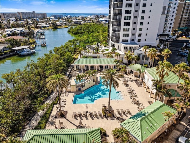 drone / aerial view with a water view