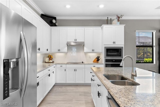 kitchen with sink, crown molding, light stone counters, white cabinetry, and stainless steel appliances