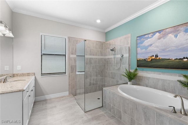 bathroom with tile patterned floors, vanity, separate shower and tub, and crown molding