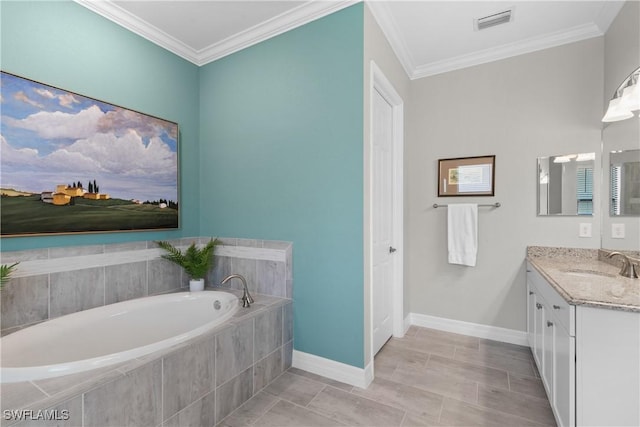 bathroom with tile patterned flooring, vanity, a relaxing tiled tub, and crown molding