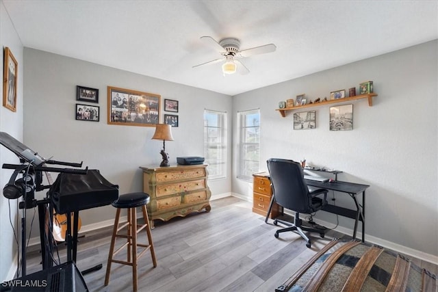 office area featuring light hardwood / wood-style flooring and ceiling fan