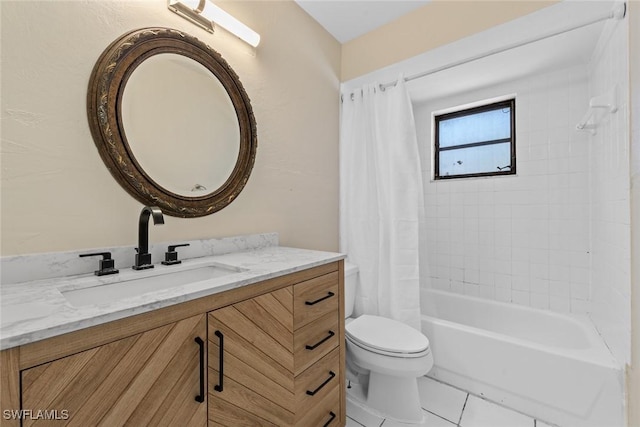 bathroom with toilet, shower / tub combo with curtain, vanity, and tile patterned flooring