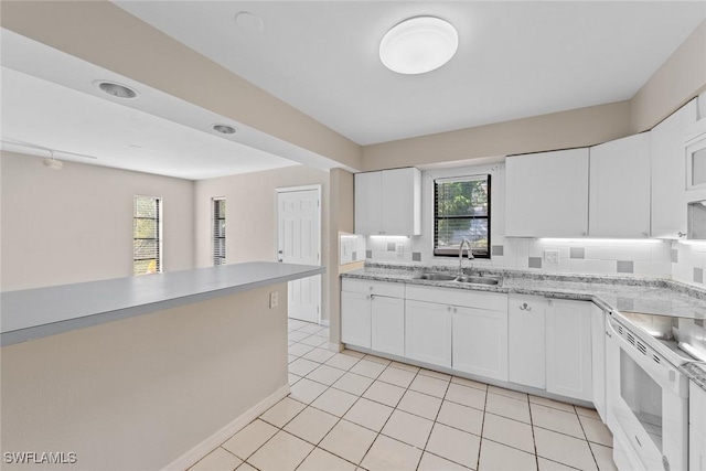 kitchen featuring a sink, plenty of natural light, white cabinetry, and white electric stove