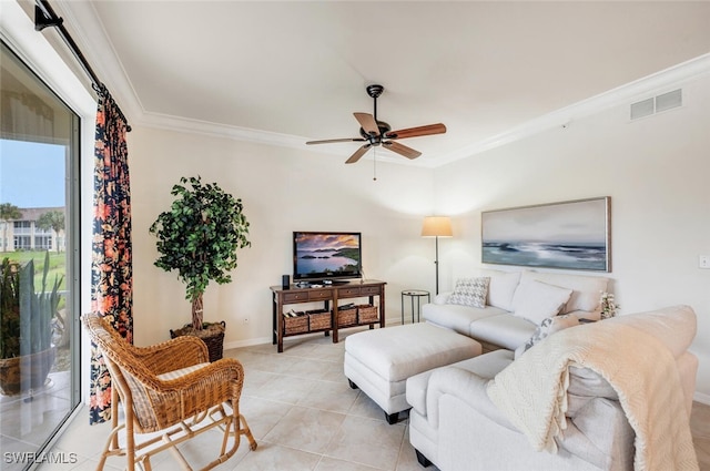 tiled living room featuring crown molding and ceiling fan