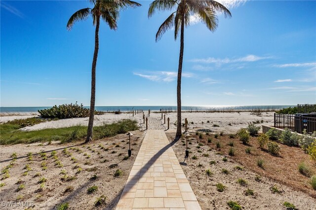 exterior space with a view of the beach and a water view