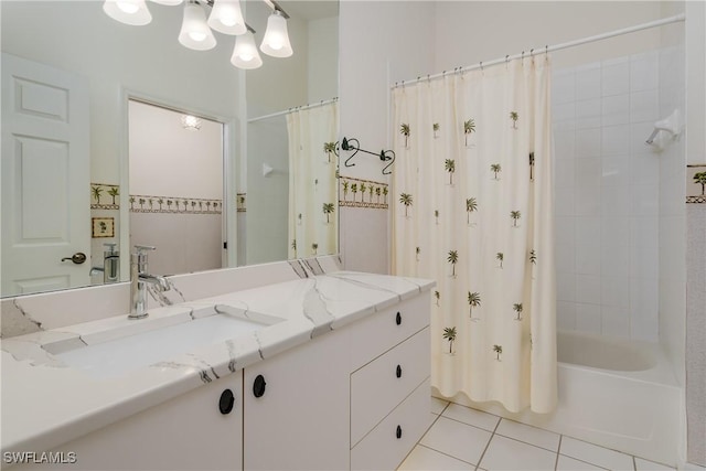 full bathroom with vanity, tile patterned flooring, and shower / bath combo with shower curtain