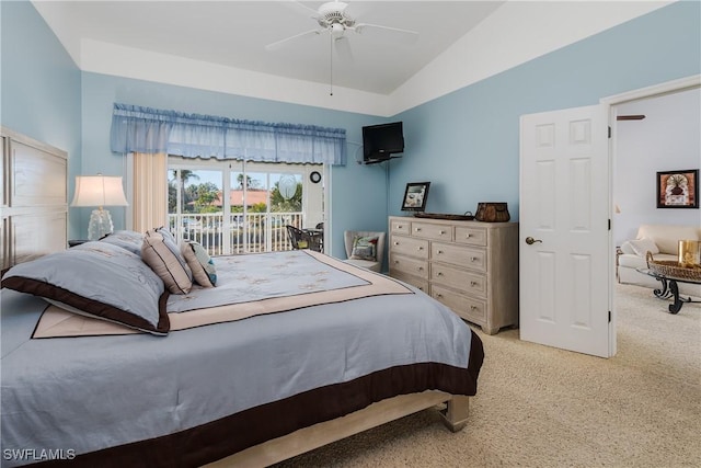 bedroom with access to outside, vaulted ceiling, light carpet, and ceiling fan