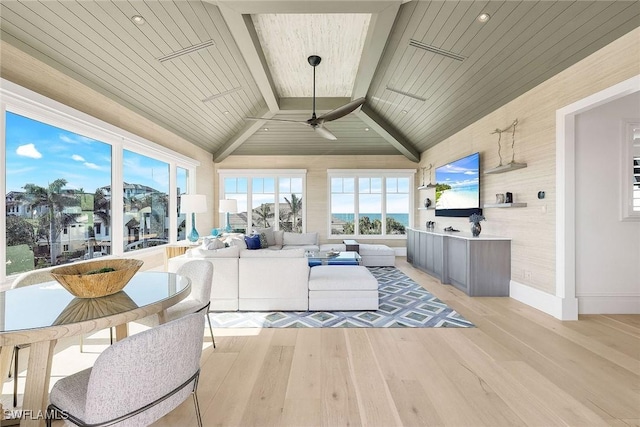 sunroom featuring vaulted ceiling with beams, ceiling fan, and wooden ceiling