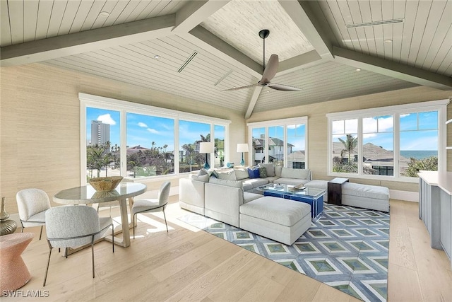 sunroom / solarium featuring a wealth of natural light, lofted ceiling with beams, and ceiling fan