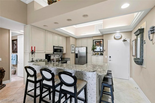 kitchen with light stone counters, a peninsula, stainless steel appliances, a raised ceiling, and a kitchen breakfast bar