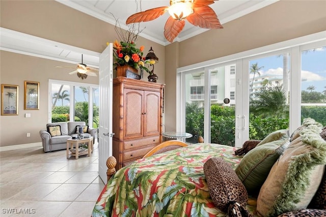 bedroom with access to exterior, ceiling fan, light tile patterned flooring, and ornamental molding