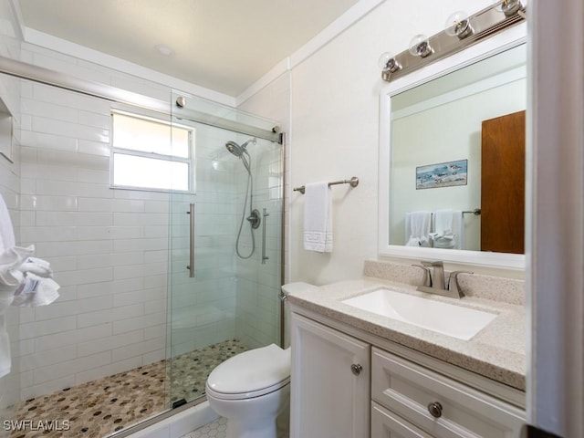 bathroom with vanity, toilet, and an enclosed shower