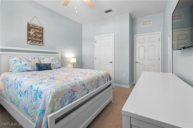 carpeted bedroom featuring ceiling fan