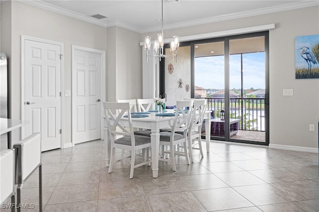 dining space featuring light tile patterned flooring, crown molding, and a chandelier