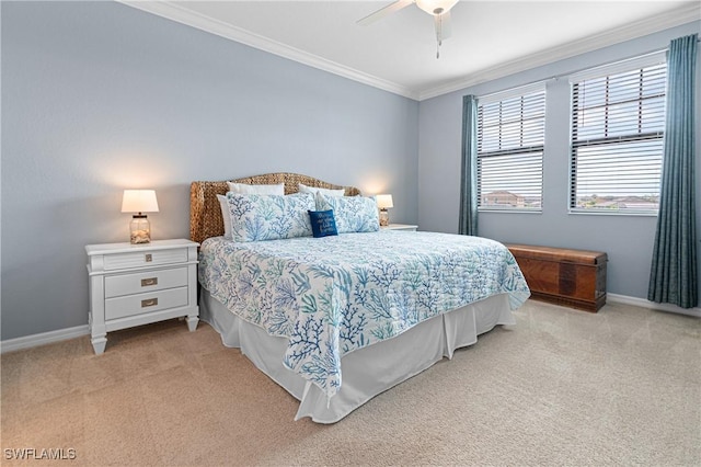 bedroom featuring light carpet, ceiling fan, and ornamental molding