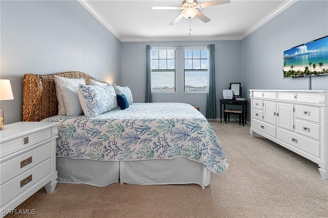 bedroom with ceiling fan, crown molding, and light carpet