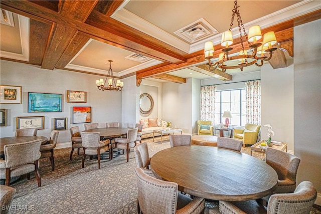 dining area with ornamental molding, coffered ceiling, and an inviting chandelier