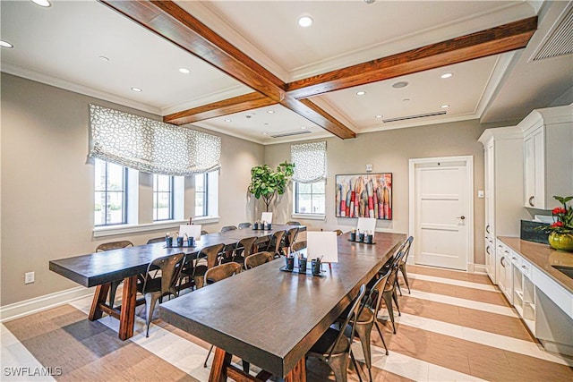 tiled dining space with beamed ceiling, coffered ceiling, and ornamental molding