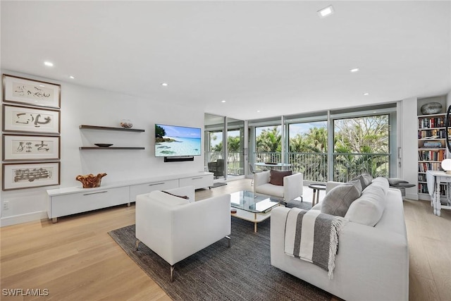 living room with light hardwood / wood-style flooring and a wall of windows