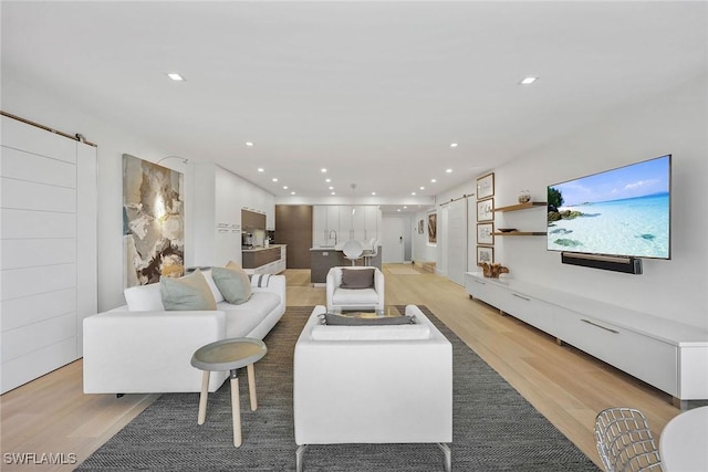 living room with a barn door and light hardwood / wood-style floors