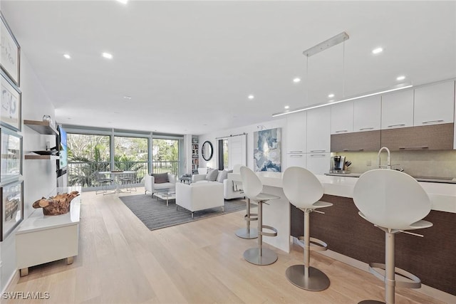 living room with light hardwood / wood-style flooring and a wall of windows