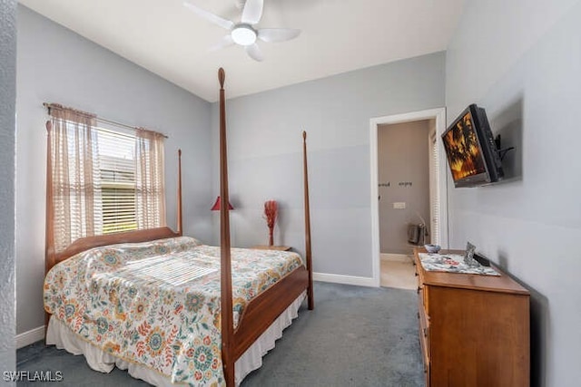 bedroom with baseboards, a ceiling fan, and carpet flooring