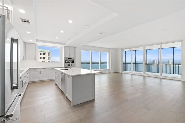 kitchen with appliances with stainless steel finishes, a water view, a kitchen island, sink, and white cabinetry