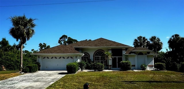 view of front of property featuring a front yard and a garage