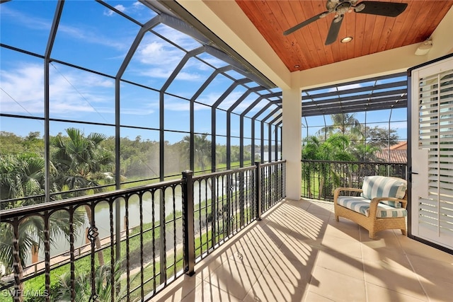 sunroom / solarium featuring ceiling fan and wooden ceiling